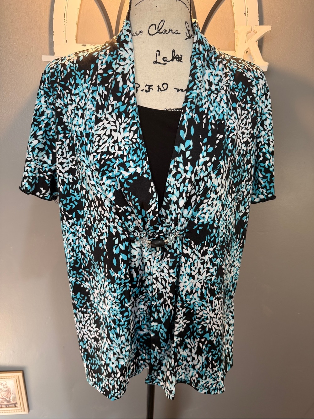 ELEMENTZ BLACK TEAL & WHITE LEAF PRINT BLOUSE